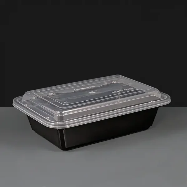 58oz 1648ml Rectangular Black Plastic Container and Clear Lid pack of 150 Pieces
