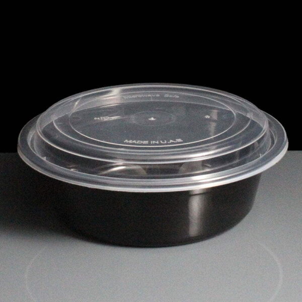 12oz 16oz 24oz 32oz 48oz Round Black Plastic Container and Clear Lid pack of 150 Pieces